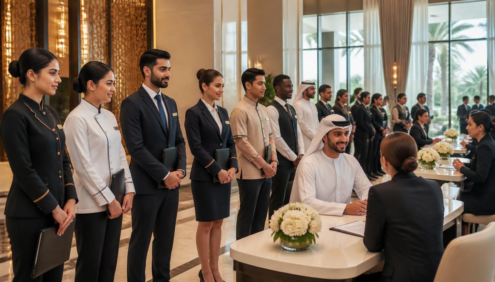 Illustration of a hospitality career fair in the United Arab Emirates with uniformed hotel staff at recruitment desks