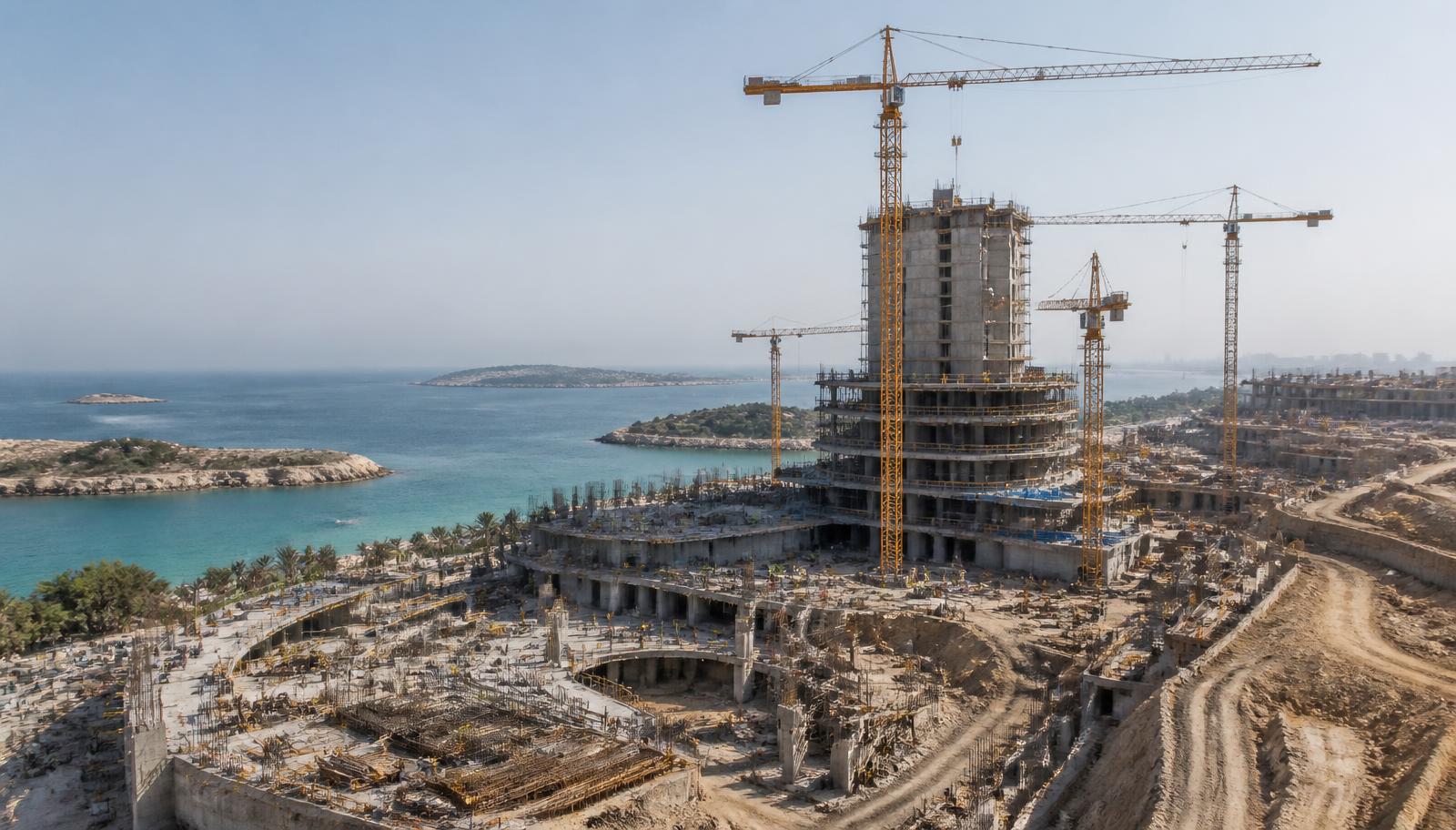 Illustration of tower cranes and a rising concrete core at a coastal hospitality construction site in Ras Al Khaimah